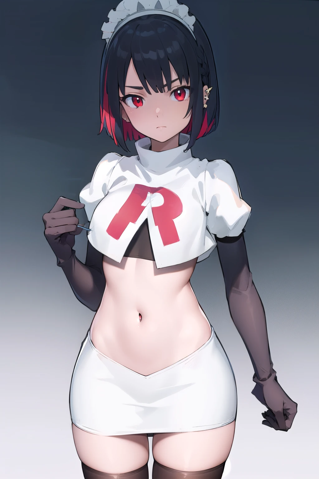 ellenjoe, ellen joe, black hair, colored inner hair, multicolored hair, (red eyes:1.3), red hair, short hair, two-tone hair,
BREAK ear piercing, fins, fish tail, maid headdress, piercing, shark girl, shark tail, tail, two-tone hair, team rocket,team rocket uniform,white skirt,red letter R,crop top,black thigh-highs,black elbow gloves,
BREAK looking at viewer, (cowboy shot:1.5),
BREAK (masterpiece:1.2), best quality, high resolution, unity 8k wallpaper, (illustration:0.8), (beautiful detailed eyes:1.6), extremely detailed face, perfect lighting, extremely detailed CG, (perfect hands, perfect anatomy),