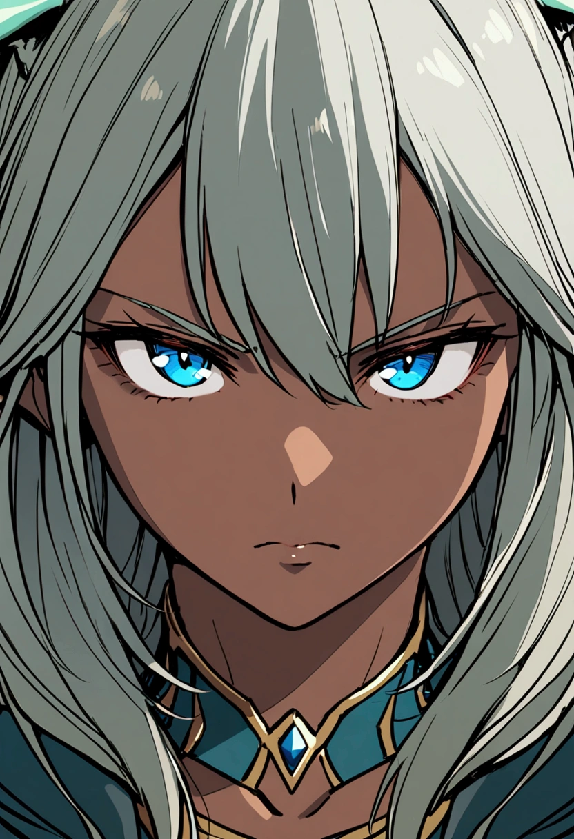 1girl with ash hair, blue eyes and dark skin, elven ears