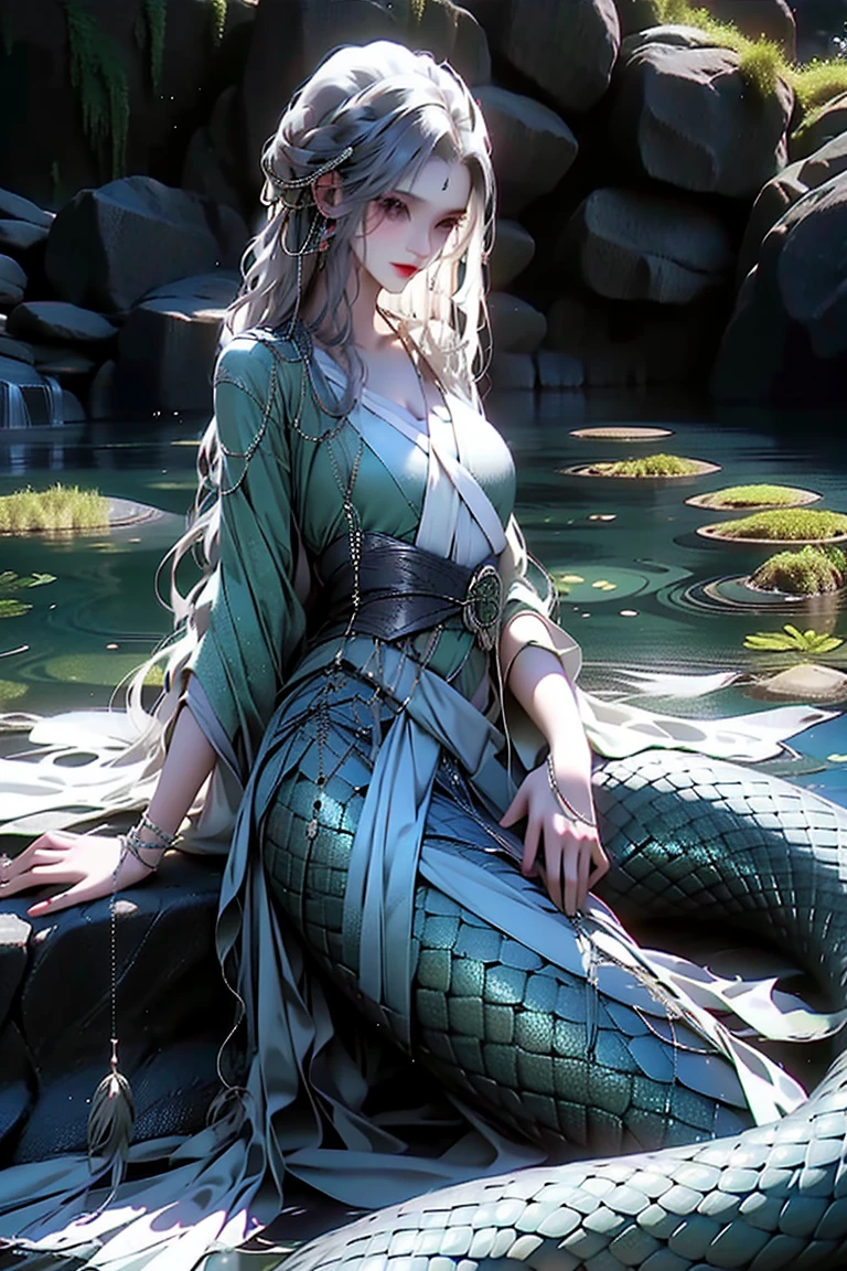 masterpiece,Best quality,Extremely detailed,1 girl,White hair,White clothes,md,(Green 1.2) snake,by the lakeside,Hanfu,