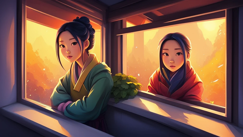 there is a girl looking out of a window at the night, lofi portrait at a window, looking in the window, portrait of mulan, cyril rolando and goro fujita, in style of cyril rolando, calm night. digital illustration, cartoon style illustration, lofi art, in style of atey ghailan, loish art style