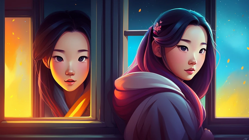 there is a girl looking out of a window at the night, lofi portrait at a window, looking in the window, portrait of mulan, cyril rolando and goro fujita, in style of cyril rolando, calm night. digital illustration, cartoon style illustration, lofi art, in style of atey ghailan, loish art style