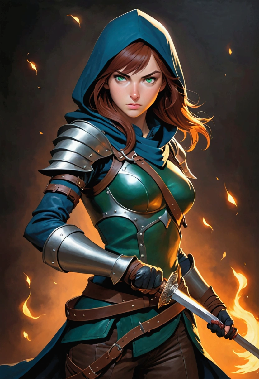 A female rogue from Dungeons and Dragons, 5'3", 135 pounds, green eyes, 19-years-old, medium-long auburn hair, Caucasian skin, fully hooded midnight blue leather armor, a mask covering the lower half of her face, wielding a sword and ready to fight, concentrating, full body, skinny and fast, b-cup breasts