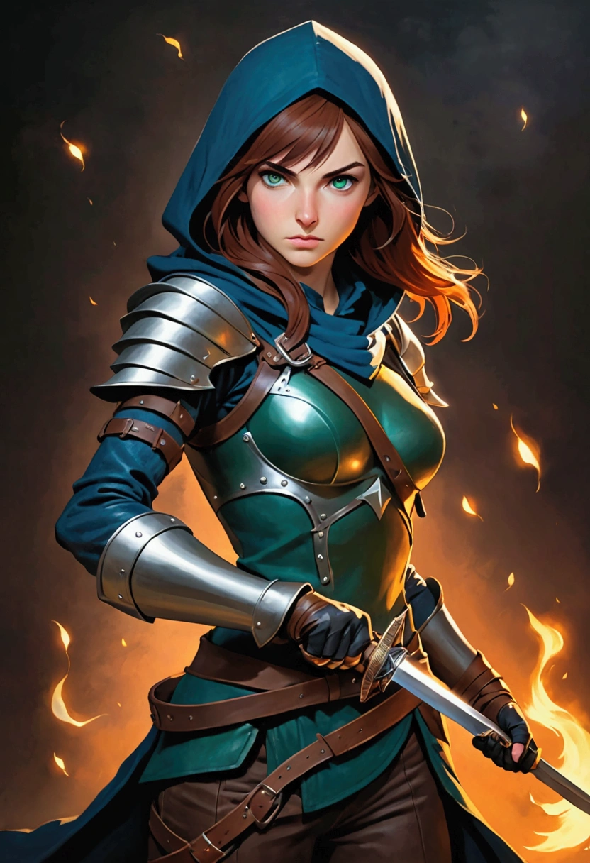 A female rogue from Dungeons and Dragons, 5'3", 135 pounds, green eyes, 19-years-old, medium-long auburn hair, Caucasian skin, fully hooded midnight blue leather armor, a mask covering the lower half of her face, wielding a sword and ready to fight, concentrating, full body, skinny and fast, b-cup breasts
