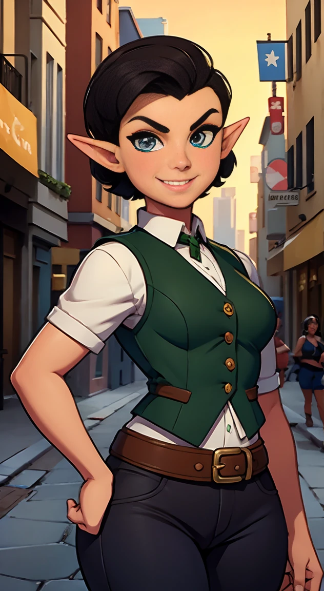 close up, samdoesarts style beautiful woman, character portrait, 1 female elf, beautiful short dark hair, undercut nape, rogue, dressed well, britches, and vest, mischievous smile, confident, daytime, crowded city streets