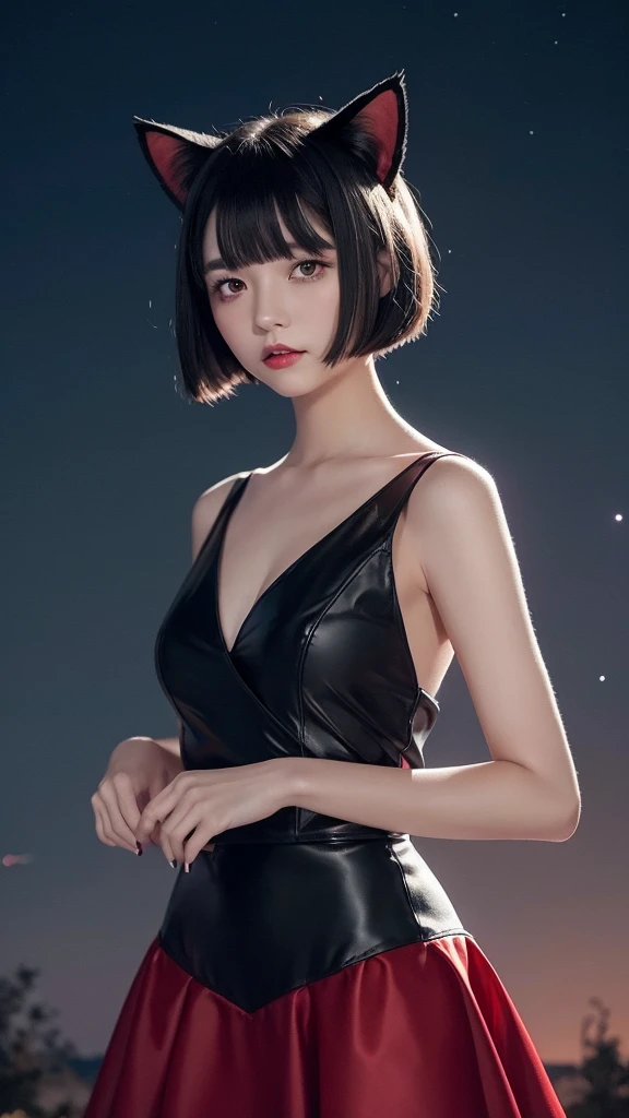 Delicate and dainty young woman with shiny bob-cut black hair and cat ears. She is wearing red only mini-skirt dress. The background is a fantastic and ethereal night sky that seems to be haunted by a specter. Her expression is stern and atmospheric. Angle from directly below