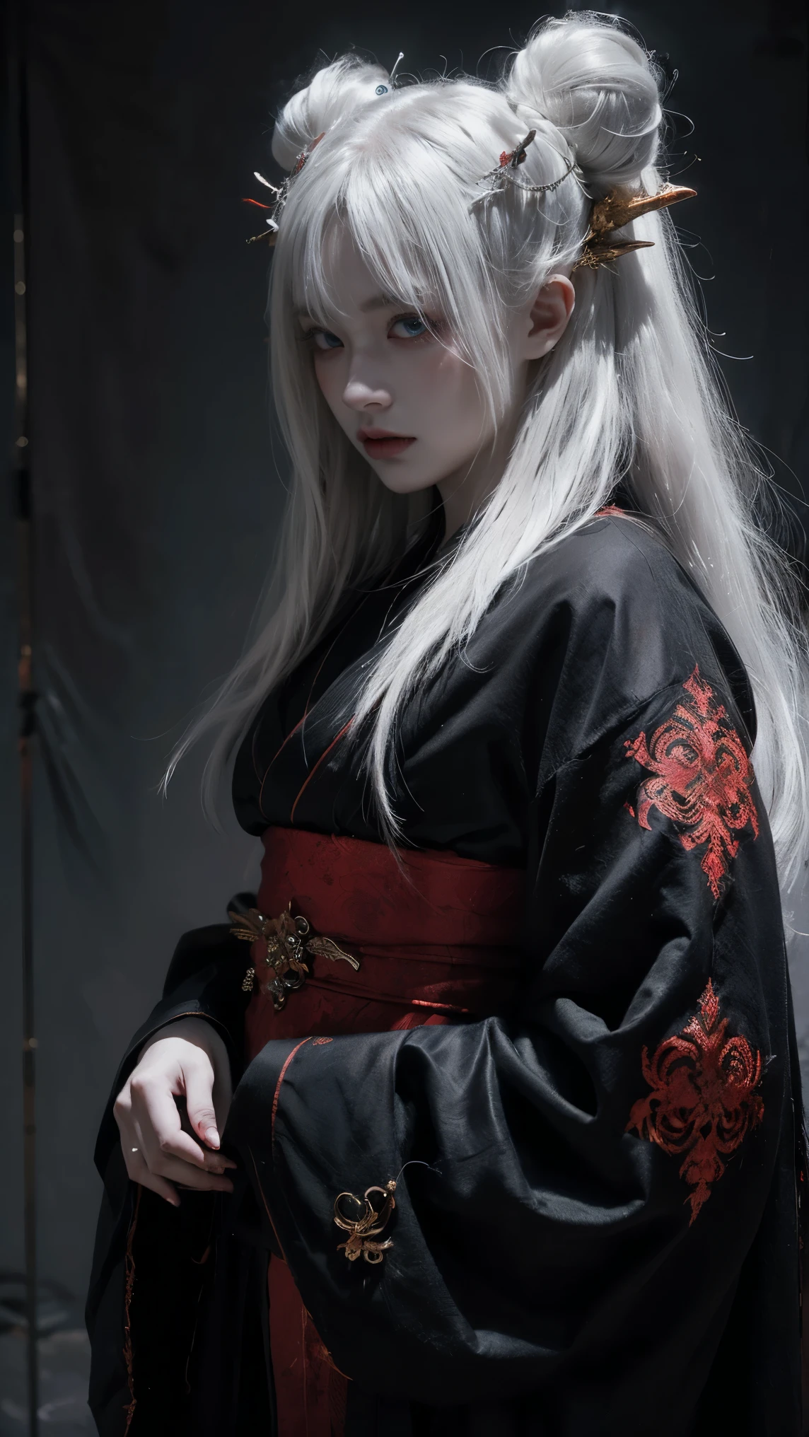 Create an ethereal and mystical scene featuring a beautiful female character with long, flowing white hair adorned with intricate hair ornaments and red horns. She holds a dark, demonic mask partially covering her face, revealing her piercing blue eyes. Her attire is a combination of traditional Japanese kimono and modern fantasy elements, with elegant patterns and flowing fabrics. She stands in a dimly lit environment with glowing embers and a smoky atmosphere, enhancing the mysterious and enchanting mood. The character should exude an aura of power and elegance, with detailed tattoos and accessories adding to her captivating appearance.