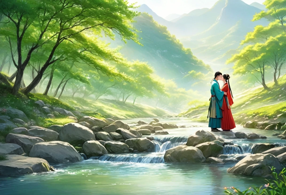 ancient china, spring morning with green trees, in the foot of a mountain there is a stream, a man and a woman wearing hanfu standing on the bank of the stream kissing and hugging each other, the man is much higher