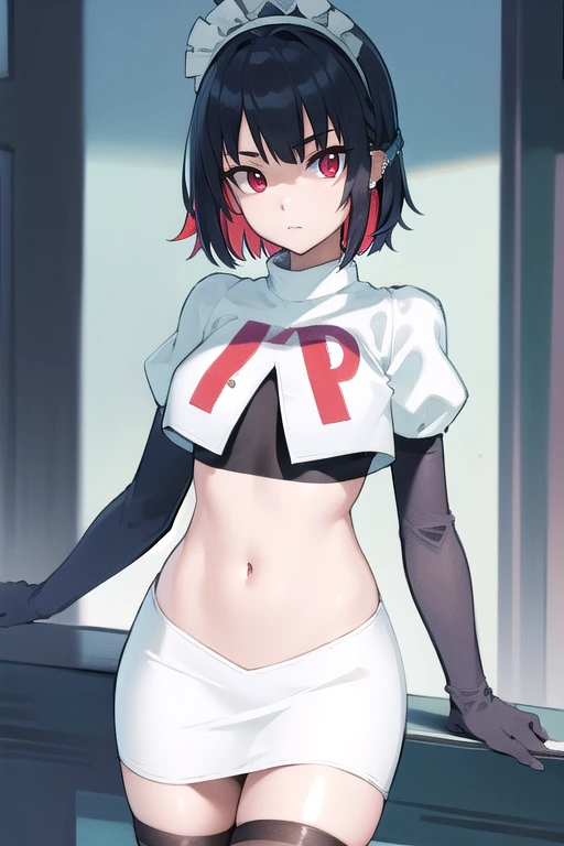 ellenjoe, ellen joe, black hair, colored inner hair, multicolored hair, (red eyes:1.3), red hair, short hair, two-tone hair,
BREAK ear piercing, fins, fish tail, maid headdress, piercing, shark girl, shark tail, tail, two-tone hair, team rocket,team rocket uniform,white skirt,red letter R,crop top,black thigh-highs,black elbow gloves,
BREAK looking at viewer, (cowboy shot:1.5),
BREAK (masterpiece:1.2), best quality, high resolution, unity 8k wallpaper, (illustration:0.8), (beautiful detailed eyes:1.6), extremely detailed face, perfect lighting, extremely detailed CG, (perfect hands, perfect anatomy),