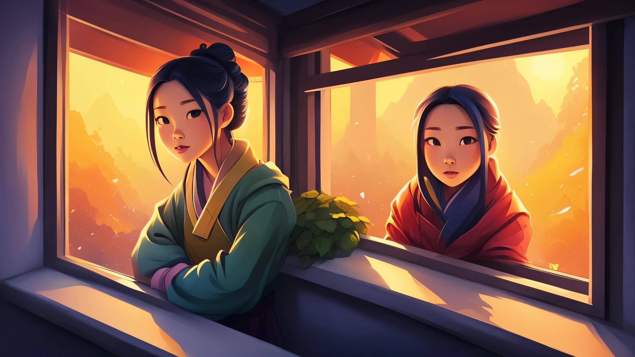 there is a girl looking out of a window at the night, lofi portrait at a window, looking in the window, portrait of mulan, cyril rolando and goro fujita, in style of cyril rolando, calm night. digital illustration, cartoon style illustration, lofi art, in style of atey ghailan, loish art style