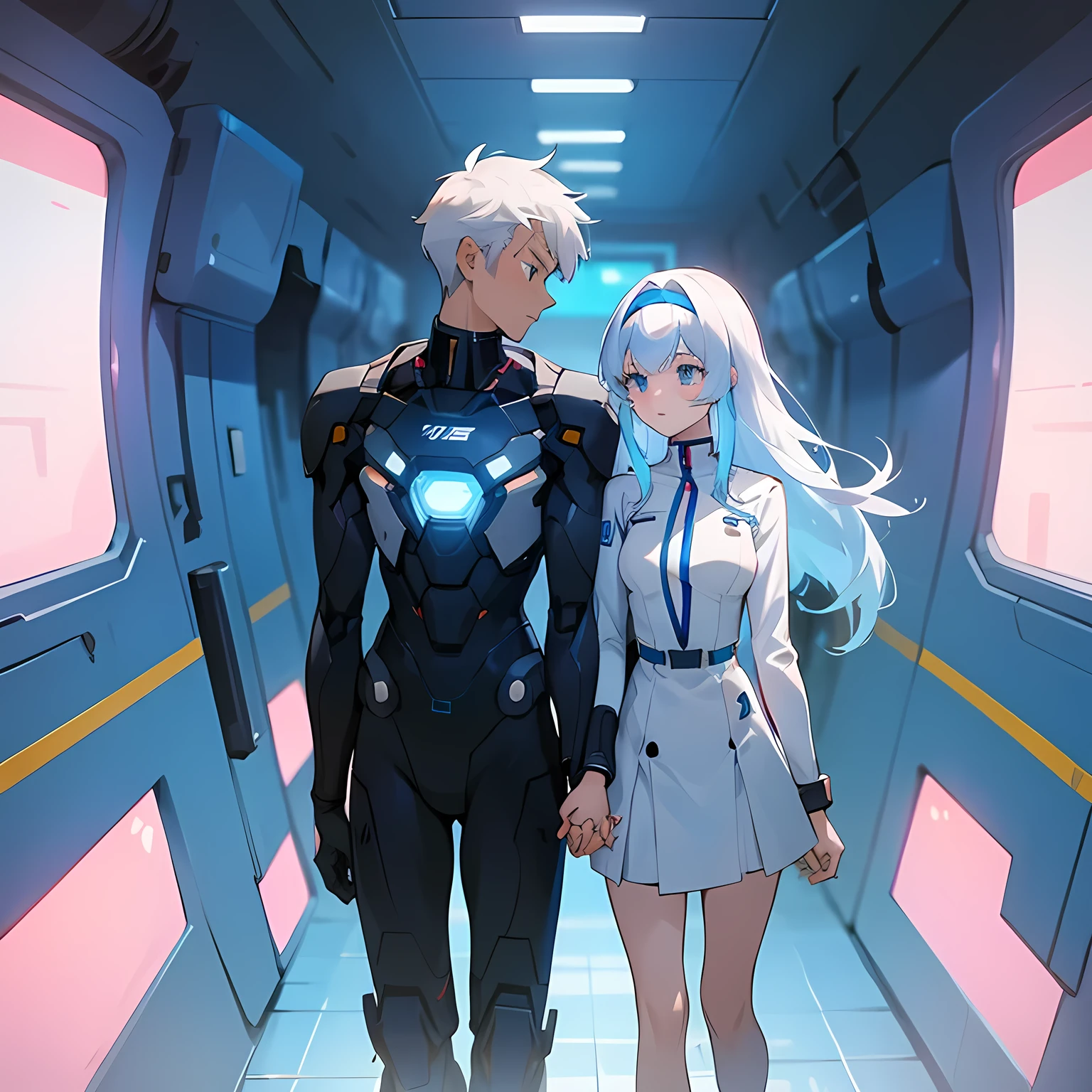 anime couple holding hands of boy and girl in a spaceship hallway , modern science fiction anime, science fiction anime, science fiction anime, anime mecha aesthetic, cyber suits, Modern mecha anime, diverse cyber suits, Krenz Cushart and Wenjun Lin, modern anime, anime digital art, Medium shot of two characters, pristine concept art, white hair-blue eyes, high quality en HD((high quality)) 