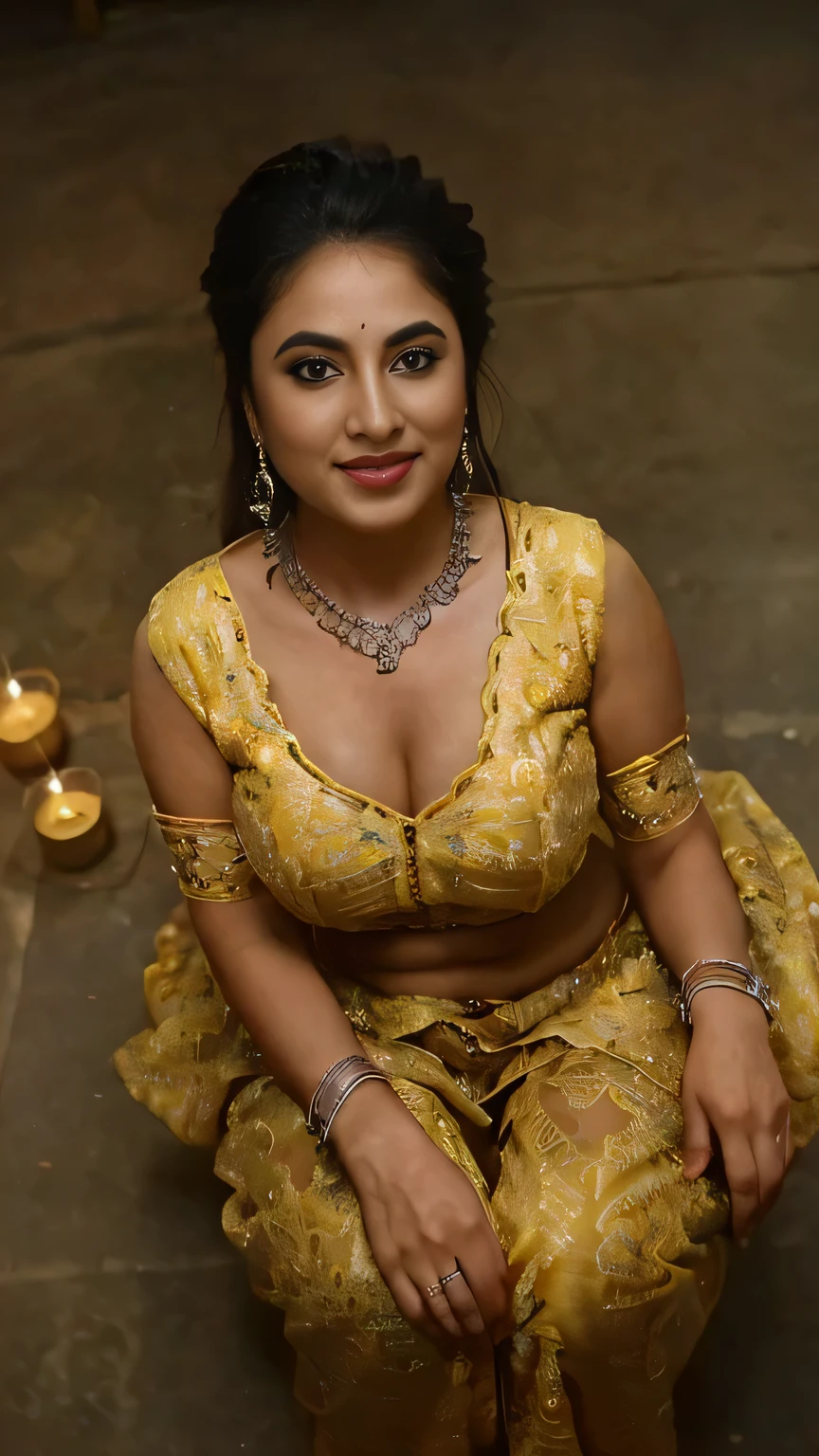 night scene, extreme close up photo of sexy indian from top view, big cheeks, curvy, hourglass figure, swooping breasts, deep cleavage, open arms, sexy armpits, erotic standing on big pumpkins with wide open spread legs, ponytail, necklace, yellow green Brasil Flag Print Contrast Binding Cami saree, seductive eyes, look at viewer and subtle smile, sultry, (cinematic:1.3), intricate details, (ArtStation:1.2)