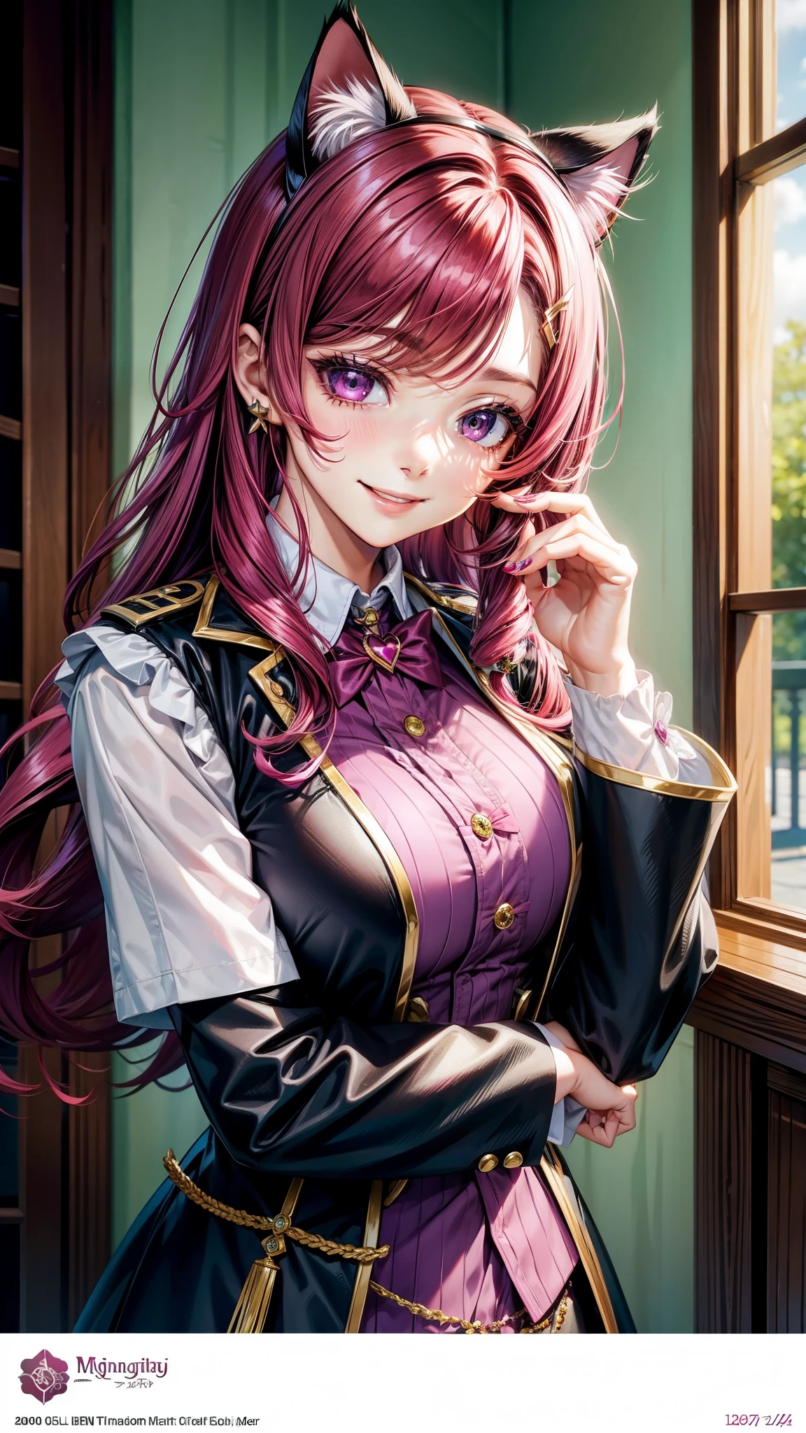 Magenta hair, hazel eyes, older woman, uniform clothes, hair jewel ornament, cat ears, long hair, smiling face