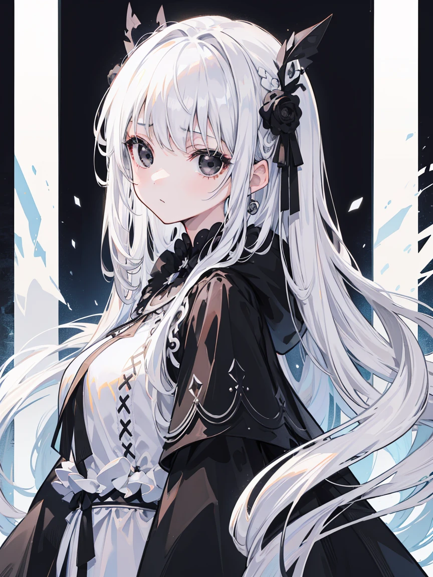 (Top image quality)、(Very detailed)、(Facing forward)、Top quality、masterpiece、(((1 girl )))、Silver Hair、White hair、((Long hair))、Weaving、(black eyes:1.6)、Hooded dress、Lots of decorations、Lots of ribbons、White Ribbon、Fluffy loose hair