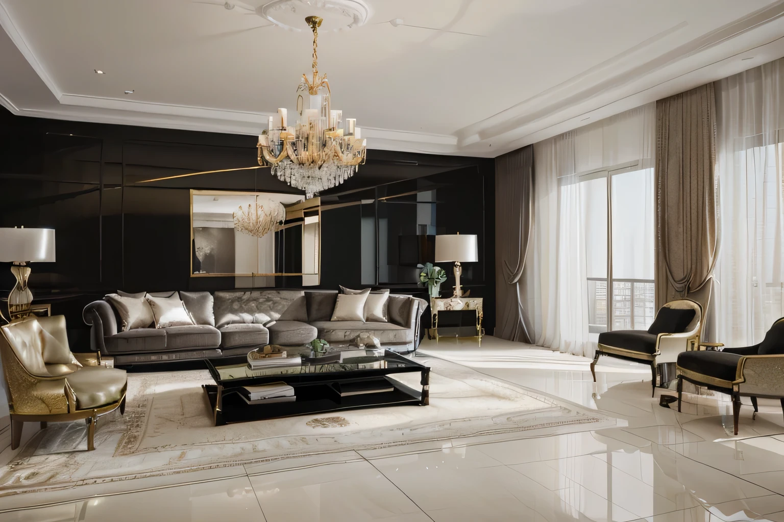 arafed living room with a couch, coffee table, and a chandelier, luxury condo interior, modern living room, interior living room, elegant render, popular interior design style, living room interior design, interior design living room, elegant minimalism, living room interior, elegant and refined, living room, apartment with black walls, stuning 3 d render, fancy apartment