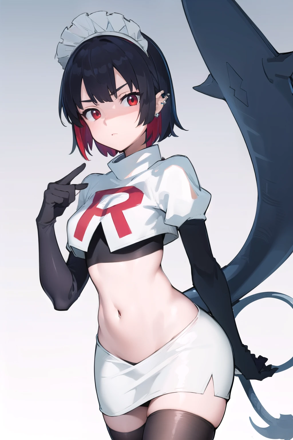 ellenjoe, ellen joe, black hair, colored inner hair, multicolored hair, (red eyes:1.3), red hair, short hair, two-tone hair,
BREAK ear piercing, fins, fish tail, maid headdress, piercing, shark girl, shark tail, tail, two-tone hair, team rocket,team rocket uniform,white skirt,red letter R,crop top,black thigh-highs,black elbow gloves,
BREAK looking at viewer, (cowboy shot:1.5),
BREAK (masterpiece:1.2), best quality, high resolution, unity 8k wallpaper, (illustration:0.8), (beautiful detailed eyes:1.6), extremely detailed face, perfect lighting, extremely detailed CG, (perfect hands, perfect anatomy),