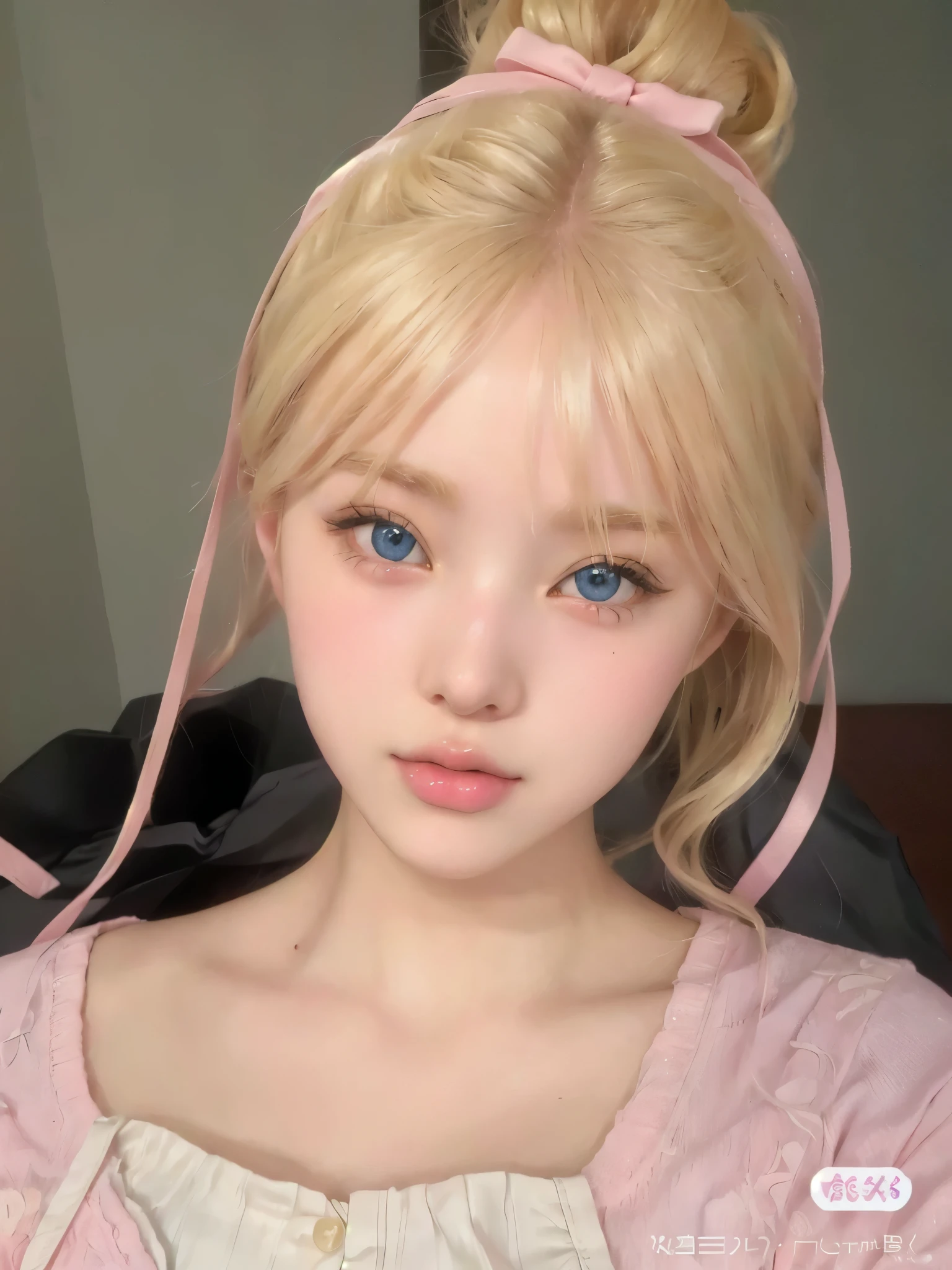 blonde haired girl with blue eyes and a pink bow in her hair, kawaii realist portrait, ig model | artegerm, realist anime 3 d style, beautiful natural anime face, hyper realist anime, realist young anime girl, semi realist anime, realist. Cheng Yi, ulzzang, anime girl in real life, 3 d anime realist, korean girl, beautiful realist face