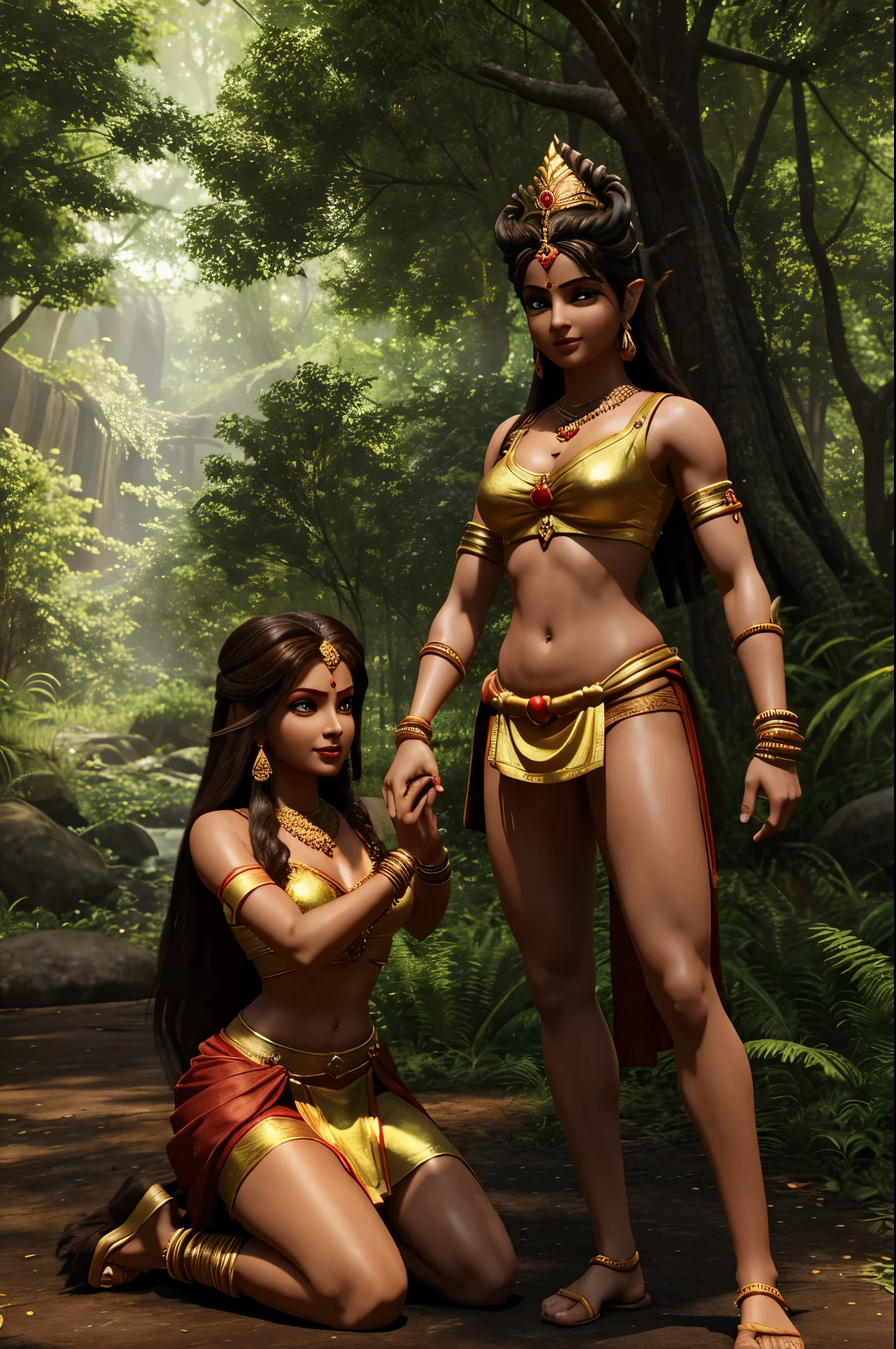 In Cinematic 3d cartoon style " A beautiful forest scene with Lord Ram, Sita, and Lakshman. Shurpanakha, a demoness with an enchanting yet fierce appearance, approaches Lord Ram with a proposal of marriage"