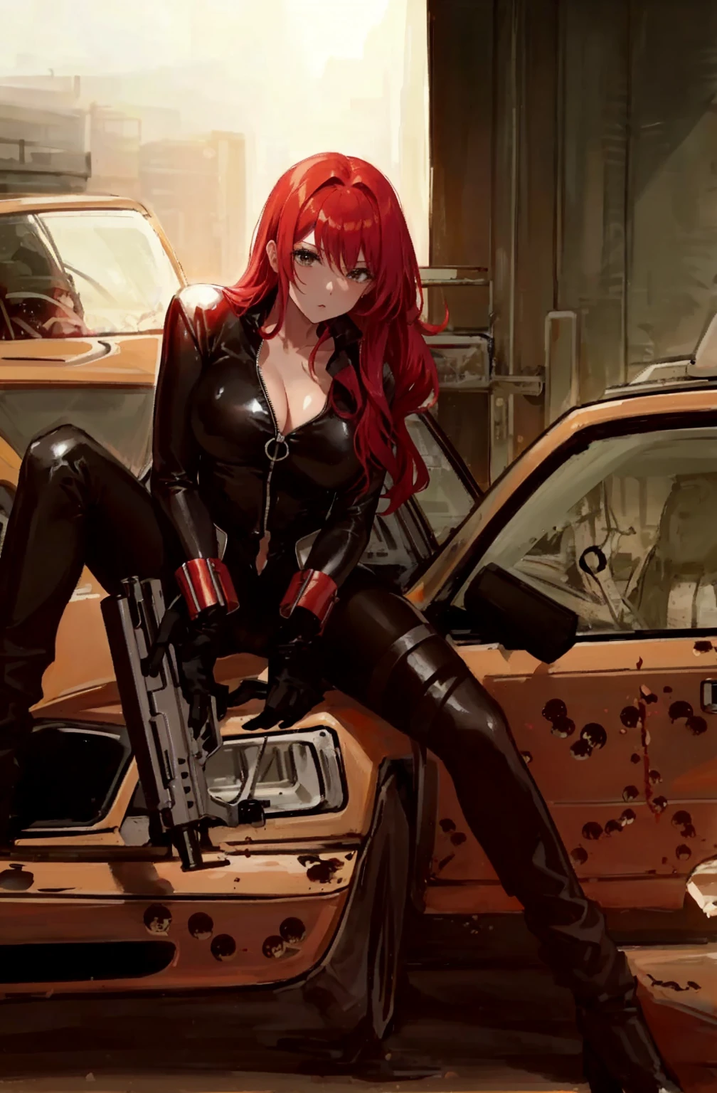 The image is an illustration of a red-haired woman dressed in a sleek skin-tight shiny black latex bodysuit with a deep-cut zipper neckline revealing a large chest, the silver zipper running down the front, sitting on the hood of a damaged yellow car, with bullet holes visible on it. The woman appears powerful and ready for action, holding a gun in both hands. The atmosphere of the scene is intense and dramatic, made even more so by the urban setting.