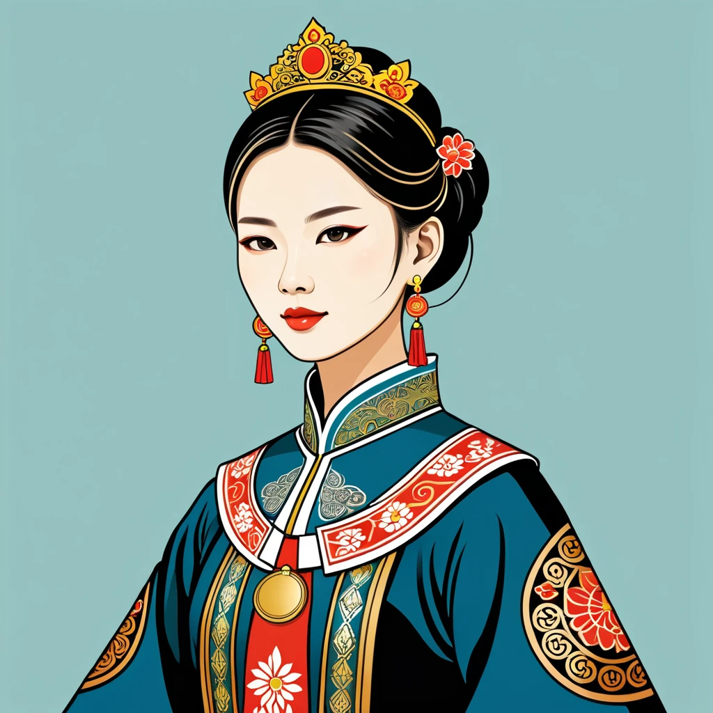 female	king	in taiwan folk outfit	,vector graphics, strong contours, logo design																						