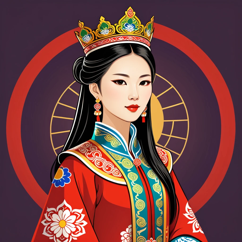female king in taiwan folk outfit ,vector graphics, strong contours, logo design
