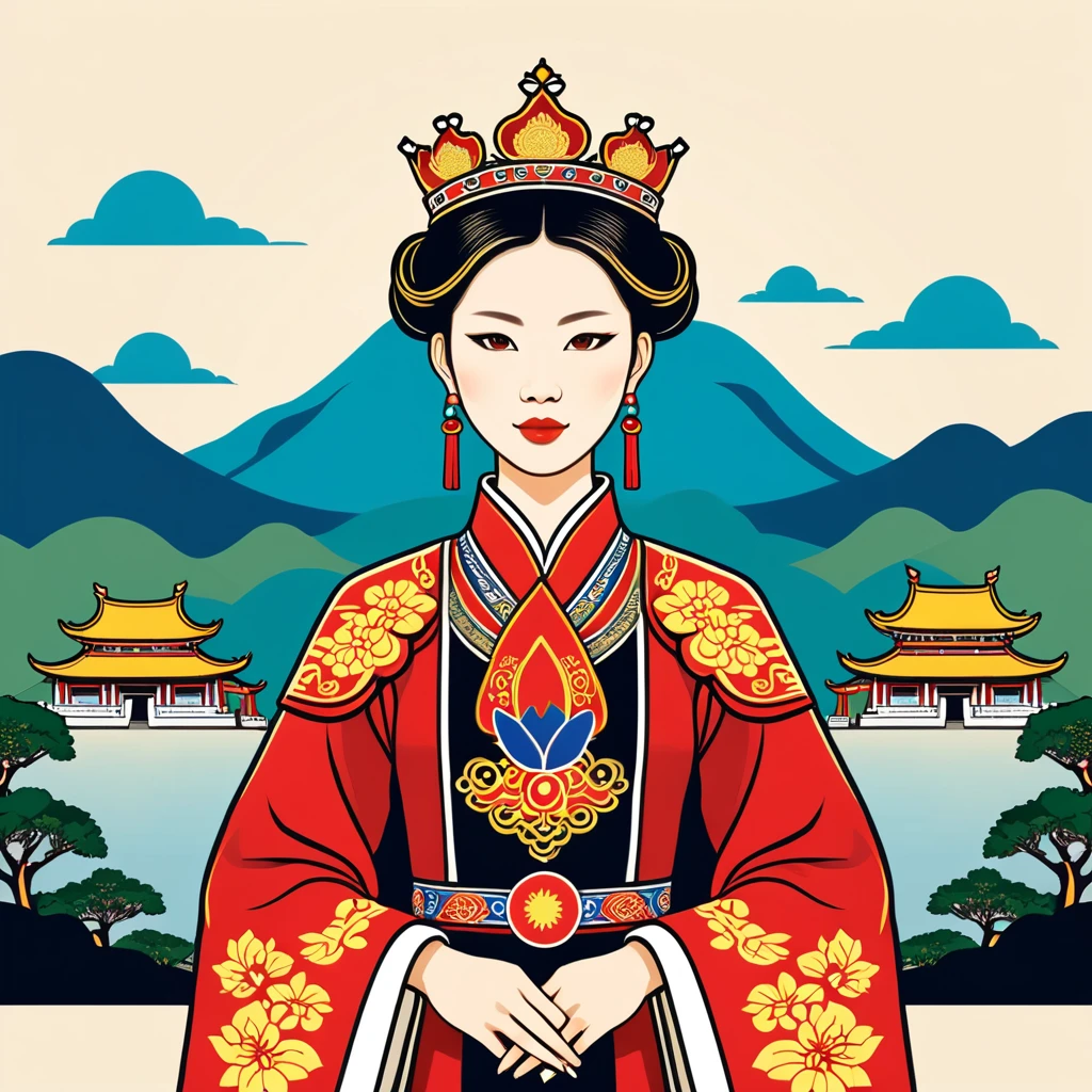 female king in taiwan folk outfit ,vector graphics, strong contours, logo design