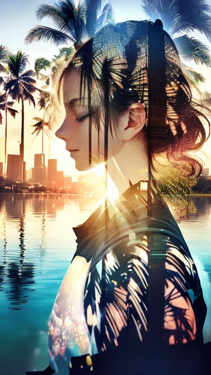 Photorealistic、((Super multiple exposure effect where the background can be seen through the clothes))、With a girl、Laughter、Lakeside in the background、wonderful、towards the night view, If you leave the shutter open for a long time、create a line of light.