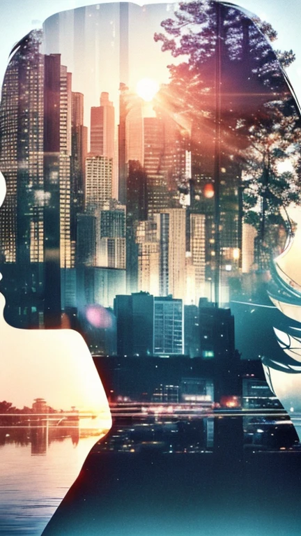 Photorealistic、((Super multiple exposure effect where the background can be seen through the clothes))、With a girl、Laughter、Lakeside in the background、wonderful、towards the night view, If you leave the shutter open for a long time、create a line of light.