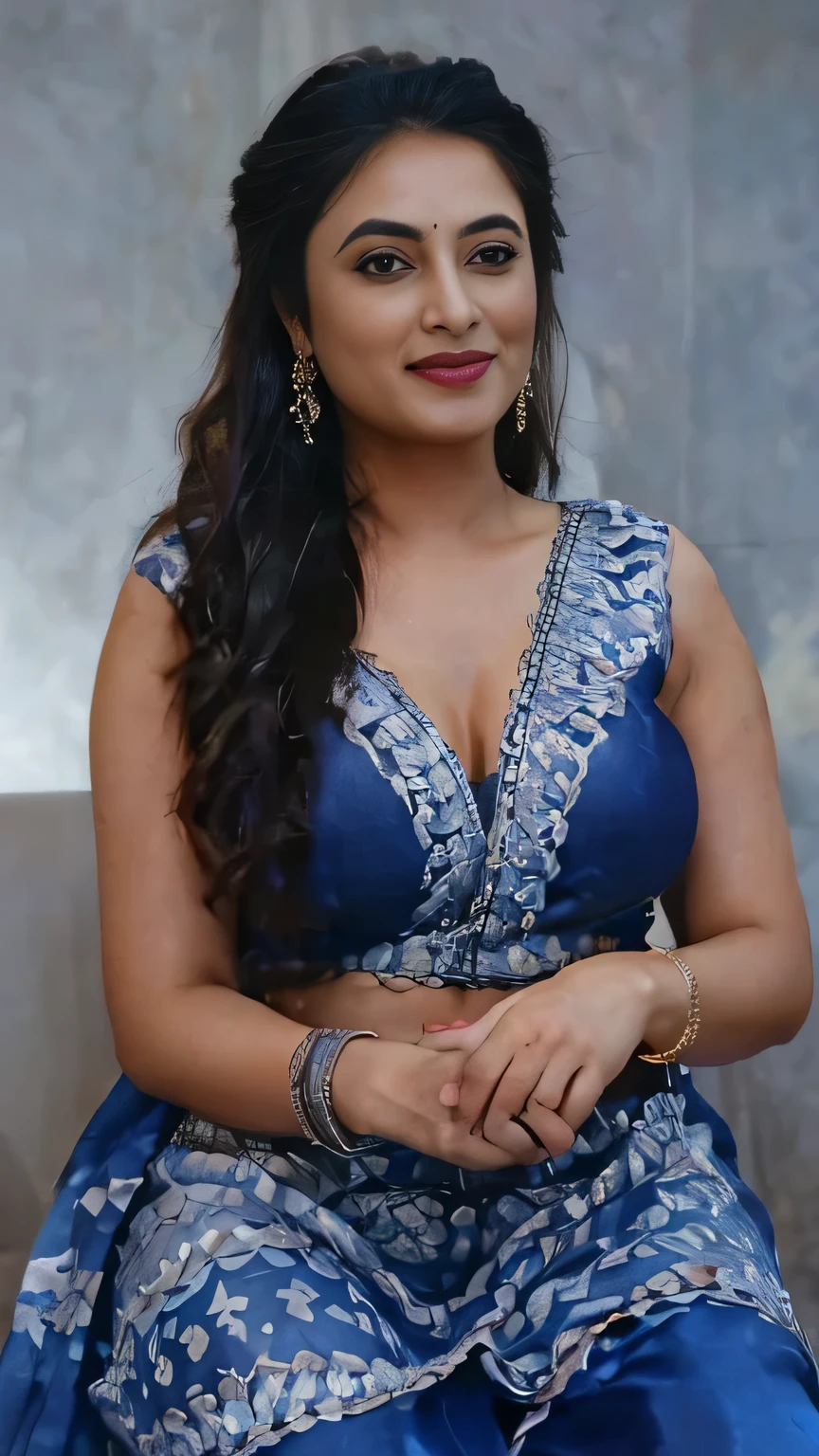 8K, ultra high detailed, an indian girl, cute face, happy, long hair, impressive hairstyle, large ,big chest,detailed eyes, detailed lips, indian clothes, saree, dark blue saree, lace, wearing jewellery, nature background, flowers, afternoon, shadow, clear weather, whole body capture,