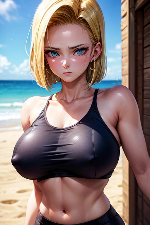 masterpiece, Highest quality,  Unreal Engine,  Super Resolution,  Very detailed, 

Beautiful woman, Android 18, Android 18, blonde, blue eyes, eyelash, hoop Earrings, short hair, Earrings, Oiled Rubber Suit, Vivid expression, Healthy Body, Beautifully detailed sweat glands, Smooth skin texture, Carefully drawn, 

(humidity:1.2), Beautiful Eyes, (Attractive face:1.2), (Beautiful Skin), (Big Breasts), Puffy nipples, (Sticky with sweat), In a dynamic pose,

In the world of Dragon Ball, Outdoor, At the Beach 