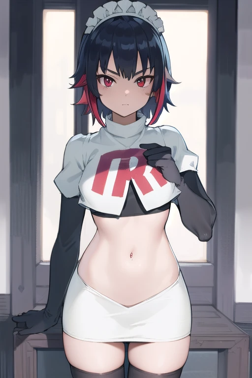 ellenjoe, ellen joe, black hair, colored inner hair, multicolored hair, (red eyes:1.3), red hair, short hair, two-tone hair,
BREAK ear piercing, fins, fish tail, maid headdress, piercing, shark girl, shark tail, tail, two-tone hair, team rocket,team rocket uniform,white skirt,red letter R,crop top,black thigh-highs,black elbow gloves,
BREAK looking at viewer, (cowboy shot:1.5),
BREAK (masterpiece:1.2), best quality, high resolution, unity 8k wallpaper, (illustration:0.8), (beautiful detailed eyes:1.6), extremely detailed face, perfect lighting, extremely detailed CG, (perfect hands, perfect anatomy),