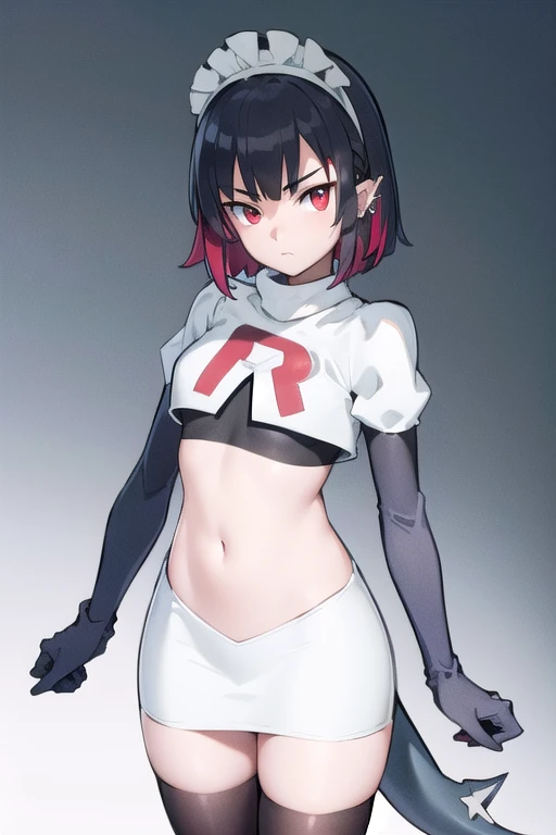 ellenjoe, ellen joe, black hair, colored inner hair, multicolored hair, (red eyes:1.3), red hair, short hair, two-tone hair,
BREAK ear piercing, fins, fish tail, maid headdress, piercing, shark girl, shark tail, tail, two-tone hair, team rocket,team rocket uniform,white skirt,red letter R,crop top,black thigh-highs,black elbow gloves,
BREAK looking at viewer, (cowboy shot:1.5),
BREAK (masterpiece:1.2), best quality, high resolution, unity 8k wallpaper, (illustration:0.8), (beautiful detailed eyes:1.6), extremely detailed face, perfect lighting, extremely detailed CG, (perfect hands, perfect anatomy),