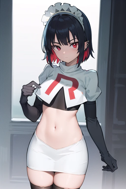ellenjoe, ellen joe, black hair, colored inner hair, multicolored hair, (red eyes:1.3), red hair, short hair, two-tone hair,
BREAK ear piercing, fins, fish tail, maid headdress, piercing, shark girl, shark tail, tail, two-tone hair, team rocket,team rocket uniform,white skirt,red letter R,crop top,black thigh-highs,black elbow gloves,
BREAK looking at viewer, (cowboy shot:1.5),
BREAK (masterpiece:1.2), best quality, high resolution, unity 8k wallpaper, (illustration:0.8), (beautiful detailed eyes:1.6), extremely detailed face, perfect lighting, extremely detailed CG, (perfect hands, perfect anatomy),