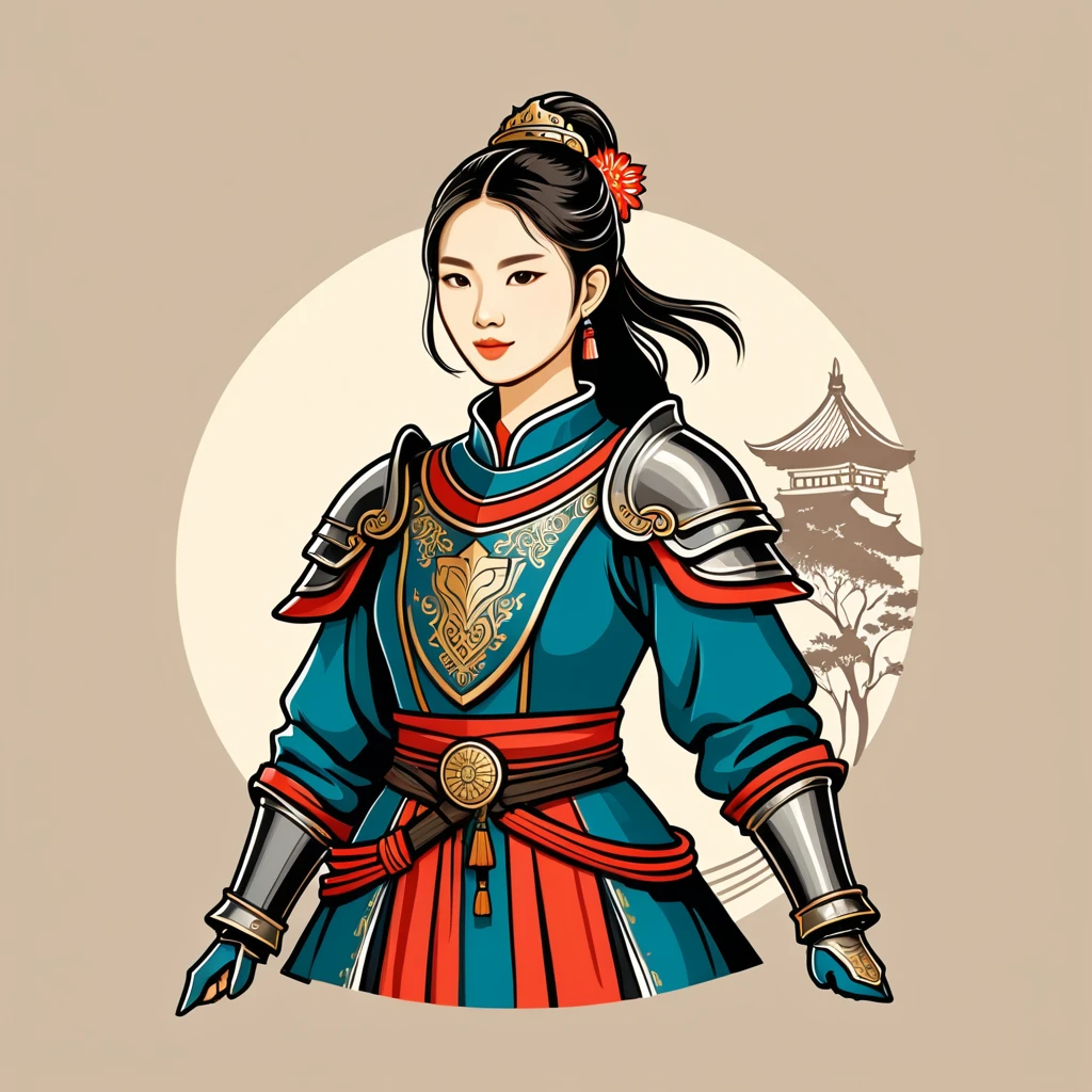 female knight in taiwan folk outfit ,vector graphics, strong contours, logo design