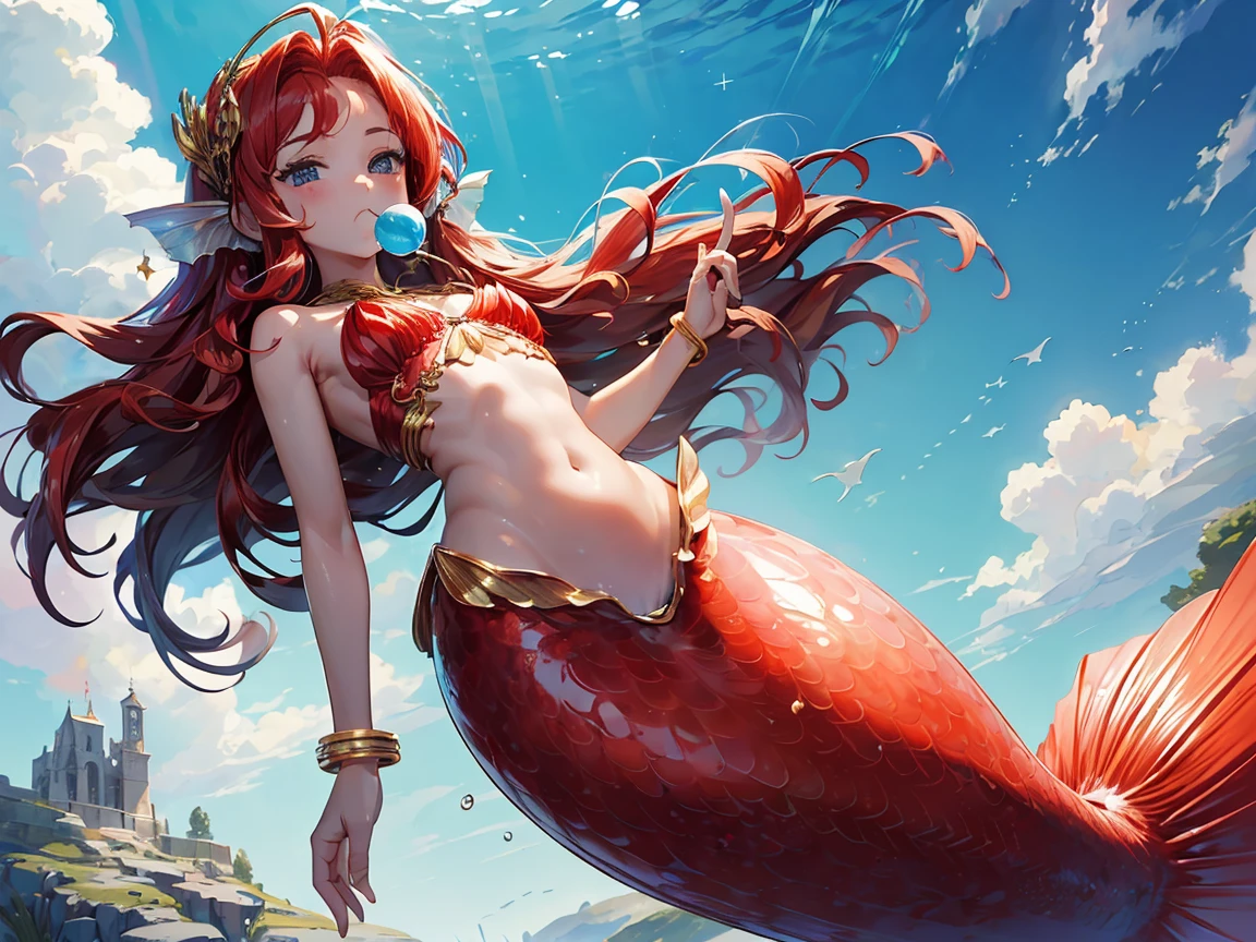(high resolution) , (best qualityer),(4 k image),(detailedeyes),(body detailed). (1 mermaid , big red hair.),(very small chest), 1 mermaid,with a lollipop in your mouth,sample body. (sample body)