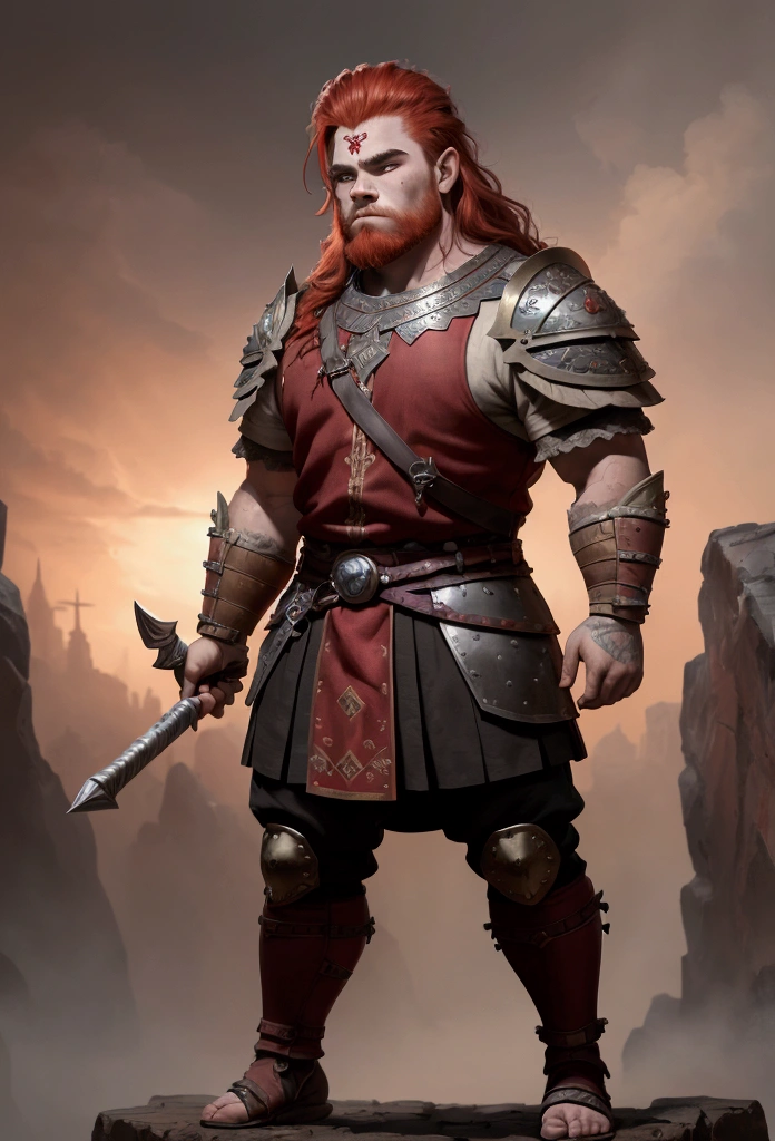 (absurderes, 8k, 4K, work of art, hyper extreme detailed:1.2), (fully body) (full size) (full viwer) (face perfect) standing alone, dwarf man, (young 20 years old) from front view, (warrior clothing) portraite, standing alone, masculine , red hair.