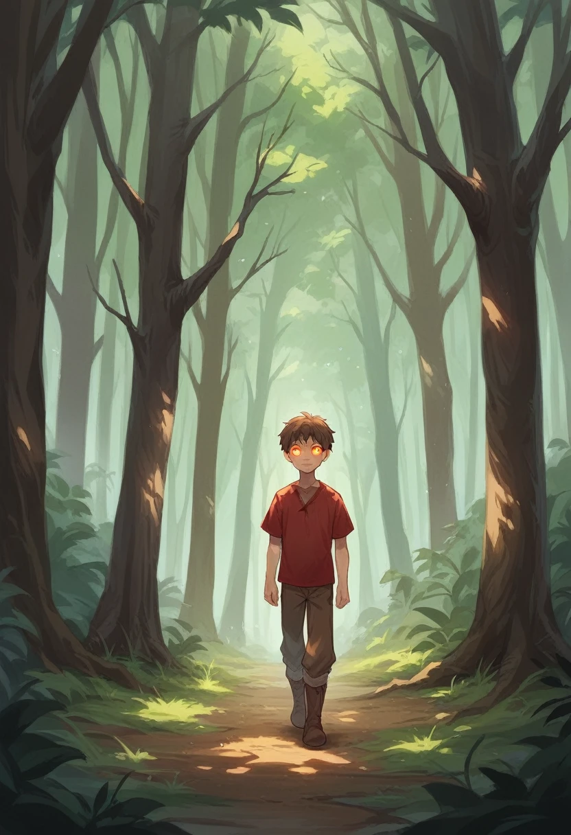 "The young boy, with red cheeks, brown hair, and bright eyes, is walking cautiously into the dark forest. He is wearing the same red tunic, brown trousers, and boots as before. The forest is dense with tall trees and twisted roots. Mysterious, faintly glowing eyes peer from the shadows."