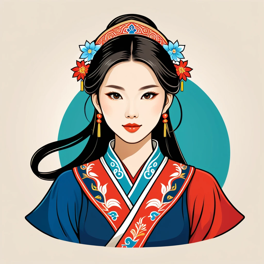 female	mage	in taiwan folk outfit	,vector graphics, strong contours, logo design																						