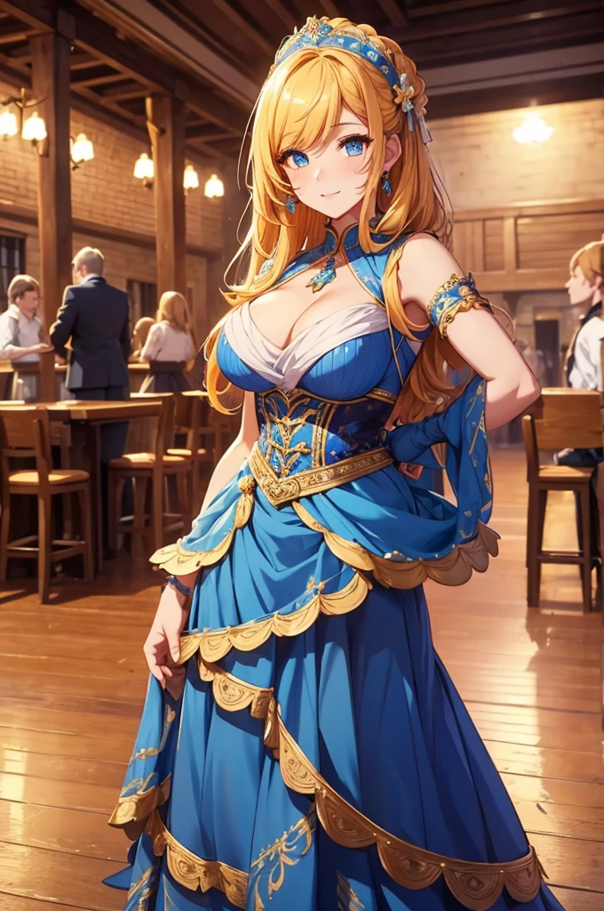 tavern,Dances,joy,Huge hall,Lots of Drinks,Young woman,Ideal Appearance,ultra detail,high quality,beautiful figure,Everyone Around Looks Only at Her,Sunny Hair Color,bright blue eyes, Maximum Attractive (((masterpiece))),(((top quality))),((ultra detailed))