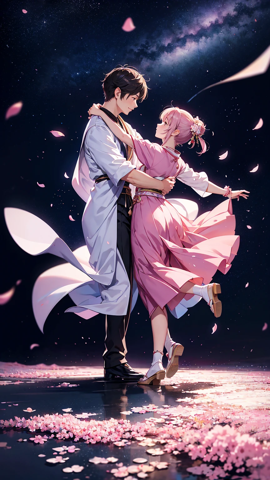 Sky background with sakura petals, space fantasy landscape Foreground, full-length general plan, guy and girl dancing waltz.
They are wearing traditional Japanese festival clothes or something like formal ball clothes.. Detailed faces