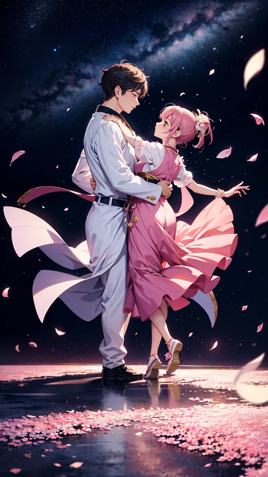 Sky background with sakura petals, space fantasy landscape Foreground, full-length general plan, guy and girl dancing waltz.
They are wearing traditional Japanese festival clothes or something like formal ball clothes.. Detailed faces