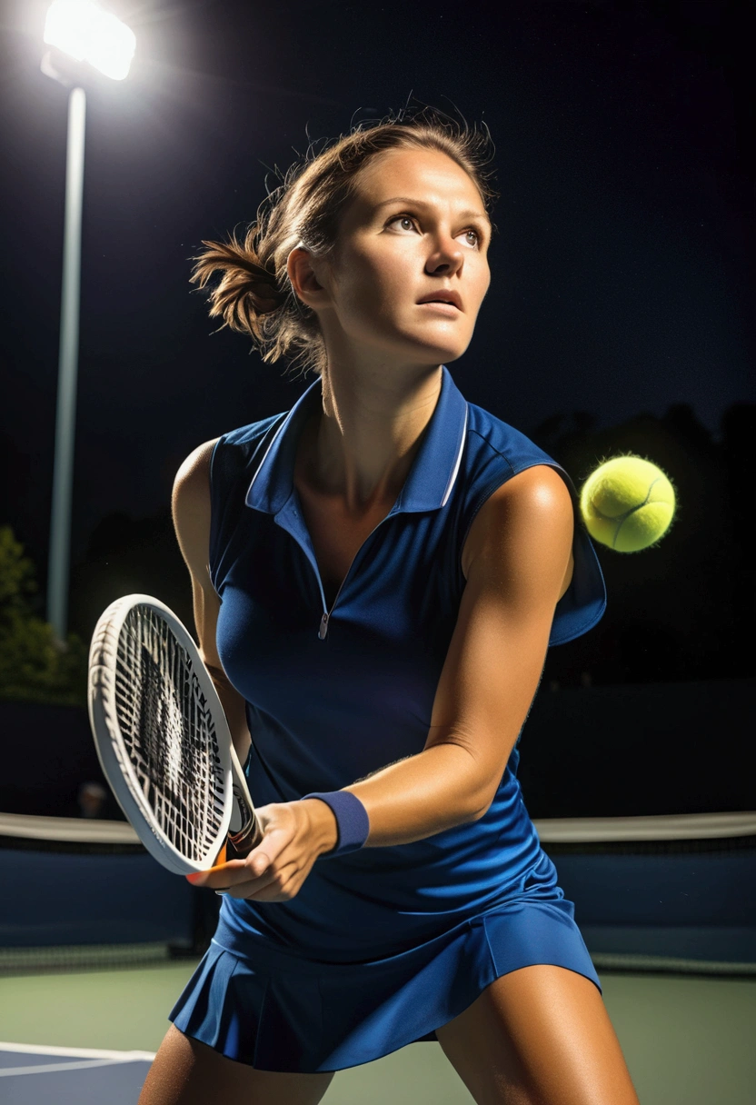 (Sports Photography), On the tennis court, a tennis player prepares to serve. The shutter captured the concentration on face. Shooting with slow shutter speeds and backlighting creates an elegant yet tense atmosphere, full body, award-winning, cinematic still, emotional, vignette, dynamic, vivid, (masterpiece, best quality, photorealistic, Professional, perfect composition, very aesthetic, absurdres, ultra-detailed, intricate details:1.3)