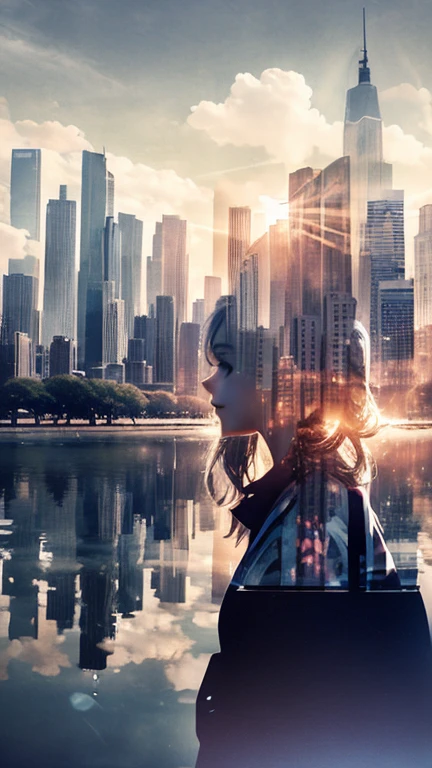 Photorealistic、((Super multiple exposure effect where the background can be seen through the clothes))、With a girl、Laughter、Lakeside in the background、wonderful、towards the night view, If you leave the shutter open for a long time、create a line of light.
