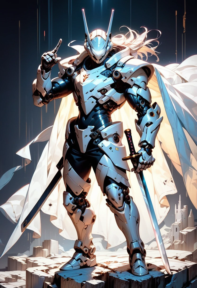 1 boy, alone, three-quarter profile, detailed background well integrated into the image, white armor, white glowing eyes, full body, light armor, white hair, cyberpunk, sword pointing to the ground, white cape, holding a sword stuck in the ground, sword with white and black engravings, background of a castle entrance, full white armor, white futuristic helmet, standing pose leaning on the sword, tight armor, dark aura, white mechanical arm, three-quarter view