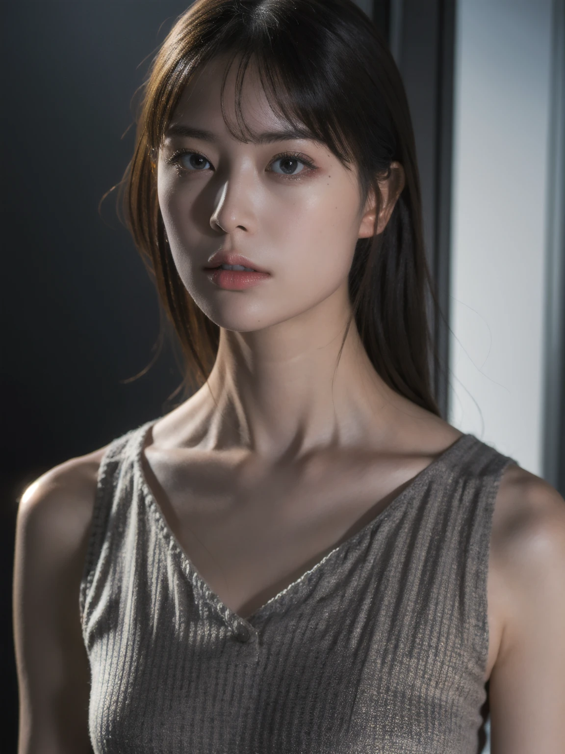 1girl, woman, masterpiece, best quality, highest quality, cinematic lighting, (volumetric lighting), extremely detailed CG unity 8k wallpaper, focused, 8k wallpaper, extremely detailed, ultra realistic, photorealistic, sharp focus, absurdres, (HDR:1.2), (high contrast), photograph, detailed and intricate, instagram, portrait, highly detailed, digital painting, artstation, concept art, smooth, sharp focus, illustration, cinematic lighting,  medium shoulder, knit strap tanktoo