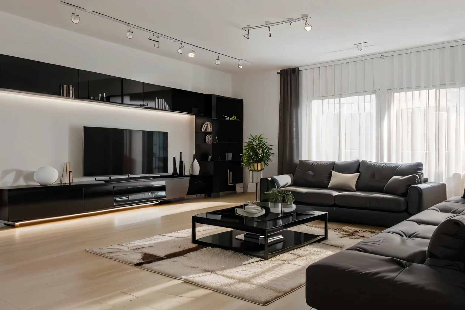 there is a living room with a couch, coffee table, and television, modern living room, minimalist interior design, apartment design, modern japanese living room, placed in a large living room, inside a modern apartment, modern minimal design, apartment with black walls, rendered in unreal engine 6, modern and minimalist, interior living room, natural light in room, location in a apartment