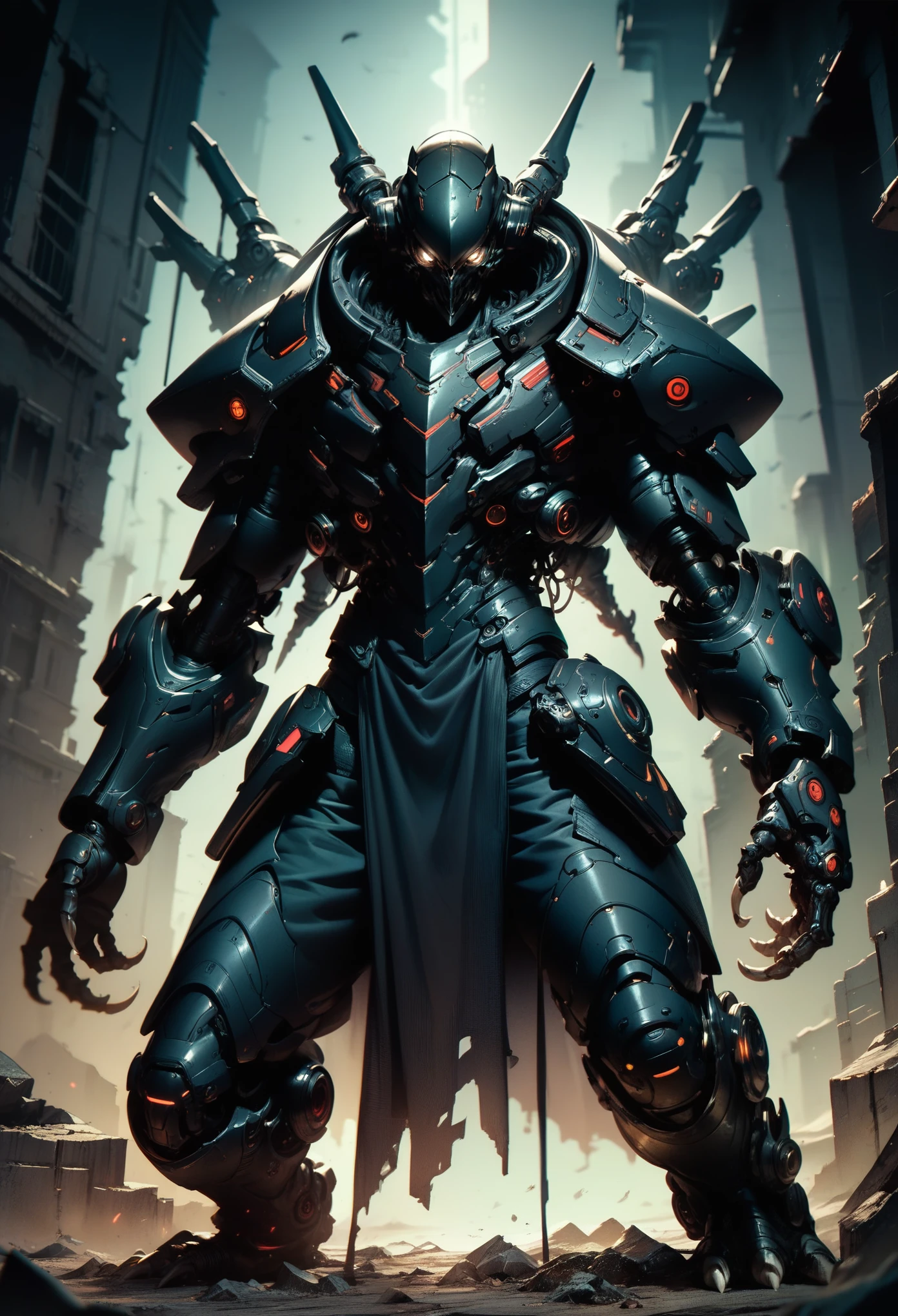 1 boy, alone, facing forward, looking at the viewer, low angle, detailed background well integrated into the image, black armor, insect-like organic armor, terrifying white eyes, full body, grotesque biological armor, hairless white head, cyberpunk, arm with futuristic plasma weapon integrated into the arm, terror, arm with three giant claws, all black armor, background of ruins, full black armor, black mask covers his mouth, threatening standing pose, heavy armor, dark aura, mechanical arm, front view