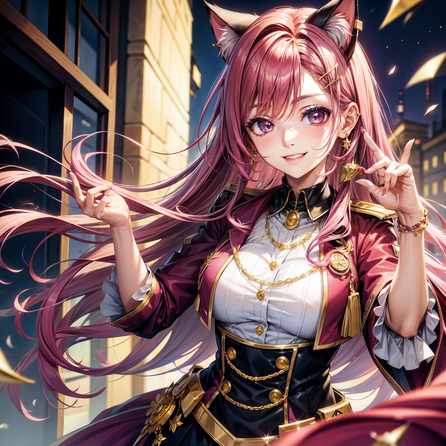 Magenta hair, hazel eyes, older woman, uniform clothes, hair jewel ornament, cat ears, long hair, smiling face, gold outfit