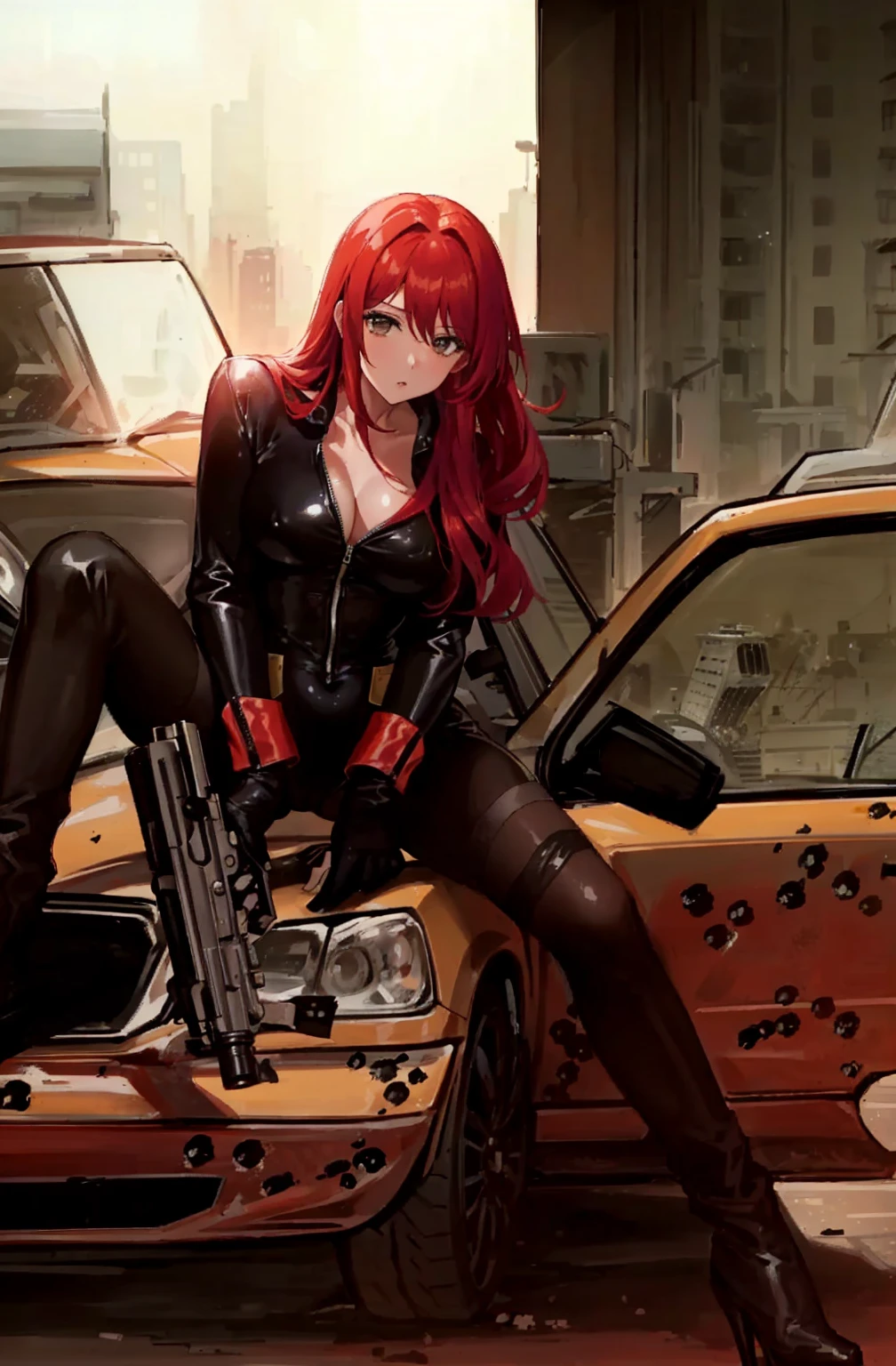 The image is an illustration of a red-haired woman dressed in a sleek skin-tight shiny black latex bodysuit with a deep-cut zipper neckline revealing a large chest, the silver zipper running down the front, sitting on the hood of a damaged yellow car, with bullet holes visible on it. The woman appears powerful and ready for action, holding a gun in both hands. The atmosphere of the scene is intense and dramatic, made even more so by the urban setting.