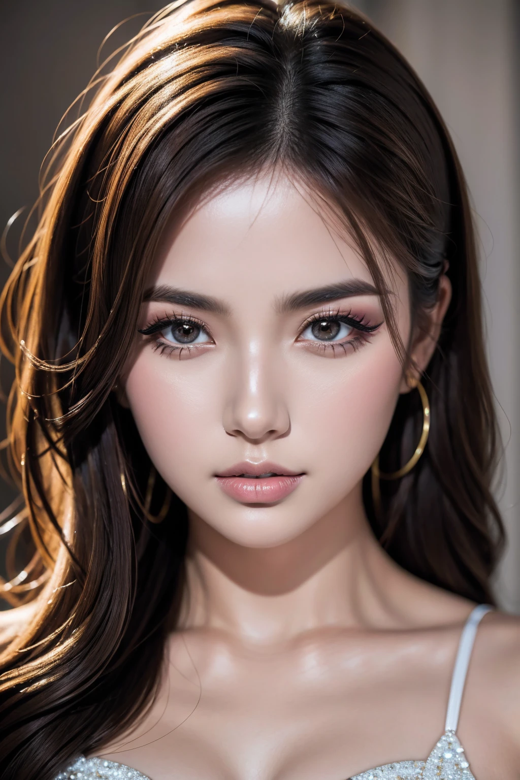 Hyper-Photorealistic ((portrait)) a cute 1 woman:1.4, 20 years old, Realism Hyper-quality in 16K resolution. (Ultra high resolution Realistic eyes clear, sharp, absurd quality, not blurry),(droopy eyes:1.3), Dark Eyes, Thin eyebrows, Carefully draw eyelashes, Eyelash extensions, Gal Makeup, pink teak. [face:makeup|color][eyes:brown:1.25][long eyelashes:blue:1.2][perfect shadows for eyelids:pink:1.4], Makeup:1.2, (soft neon lighting on the face and body)),(perfect proportions),(anatomically correct),(perfect female body:1.4),(firm normal full breasts),slim face,beautiful cheekbones,((slim-muscled body:1.24)),(Super beautiful face),(realistic face),(highly detailed face:1.3), finely details face,finely quality eyes,