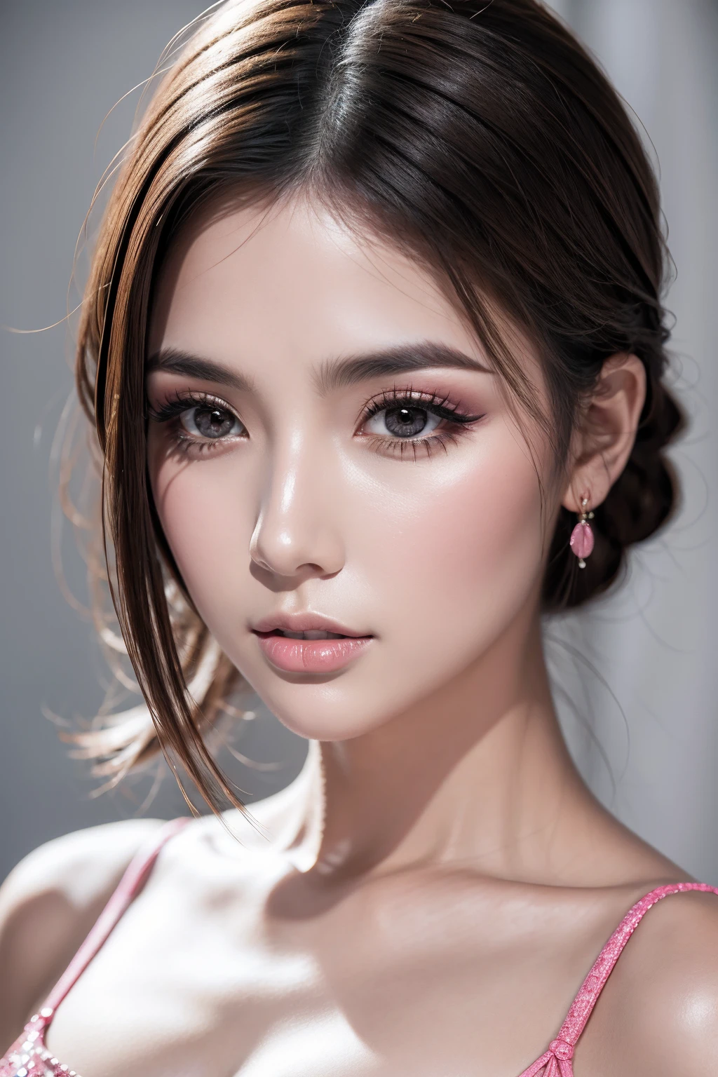 Hyper-Photorealistic ((portrait)) a cute 1 woman:1.4, 20 years old, Realism Hyper-quality in 16K resolution. (Ultra high resolution Realistic eyes clear, sharp, absurd quality, not blurry),(droopy eyes:1.3), Dark Eyes, Thin eyebrows, Carefully draw eyelashes, Eyelash extensions, Gal Makeup, pink teak. [face:makeup|color][eyes:brown:1.25][long eyelashes:blue:1.2][perfect shadows for eyelids:pink:1.4], Makeup:1.2, (soft neon lighting on the face and body)),(perfect proportions),(anatomically correct),(perfect female body:1.4),(firm normal full breasts),slim face,beautiful cheekbones,((slim-muscled body:1.24)),(Super beautiful face),(realistic face),(highly detailed face:1.3), finely details face,finely quality eyes,